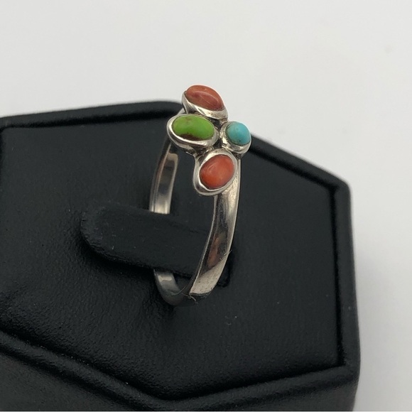 VTG Sterling Turquoise & Coral Stone Stacker Ring Sz 7.75 - Picture 6 of 9